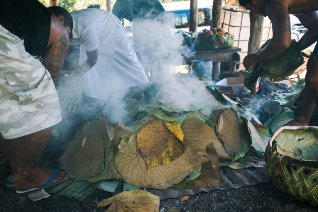 Covered Umu earth oven in Samoa