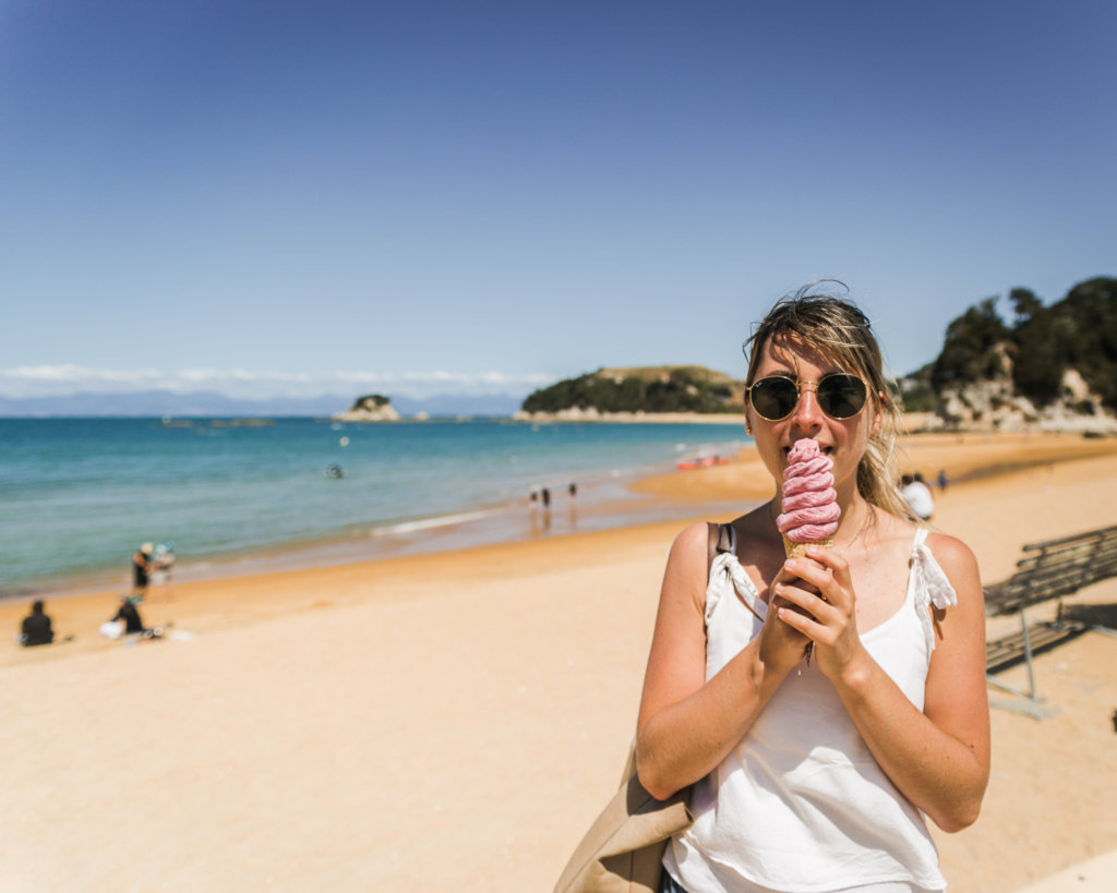 Eating ice cream in Abel Tasman Kaiteriteri