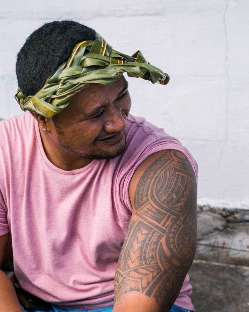 Samoan Man with tattoo and weaved hat