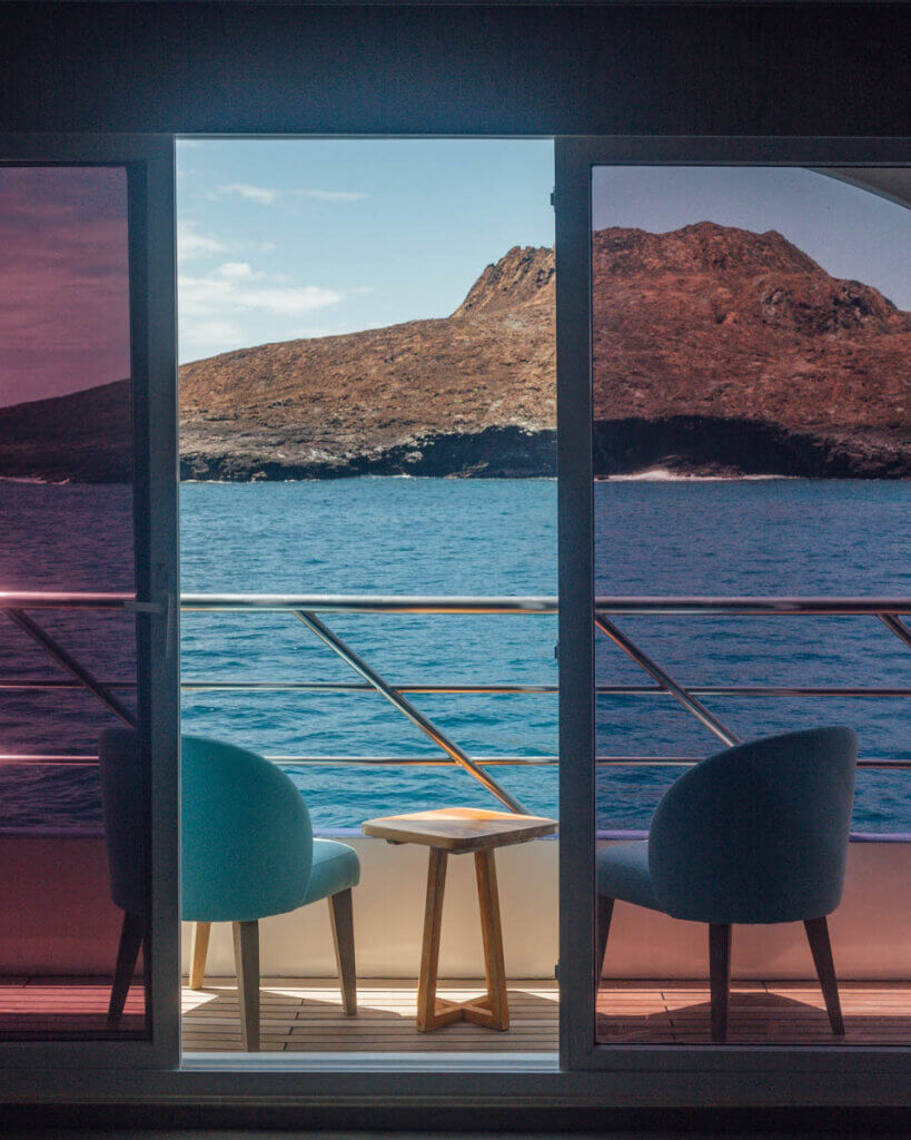 cabin with balcony on luxury cruise in Galapagos Islands
