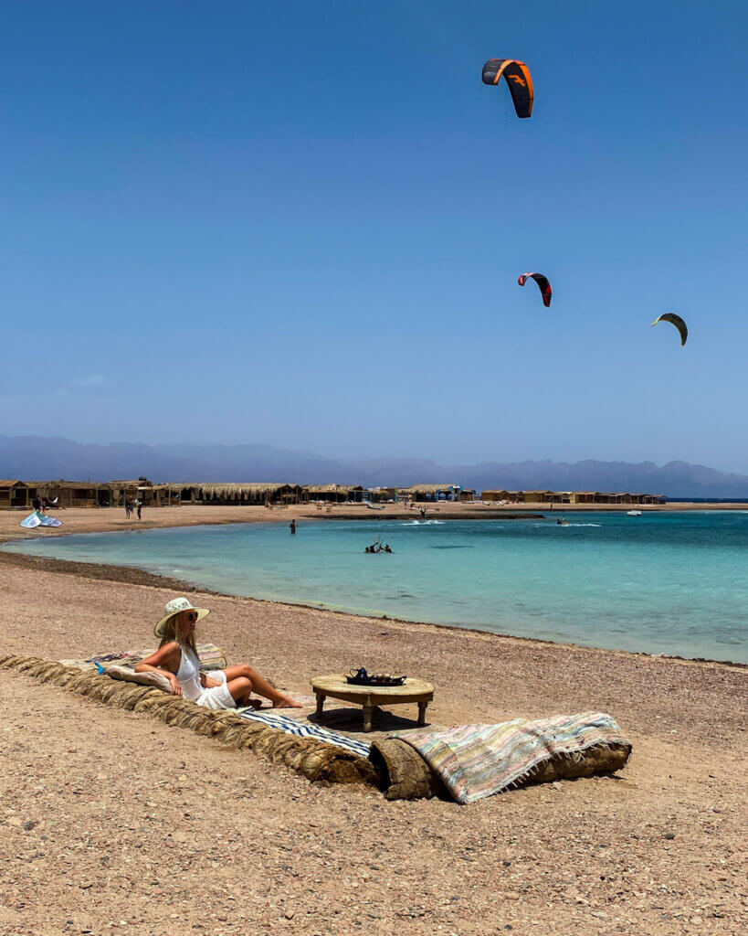 Relaxing in a lounge by the lagoon in Dahab, Egypt.