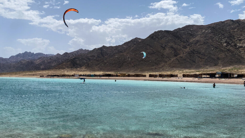 Kitesurfers enjoying the waters of Blue Lagoon in Dahab, Egypt.