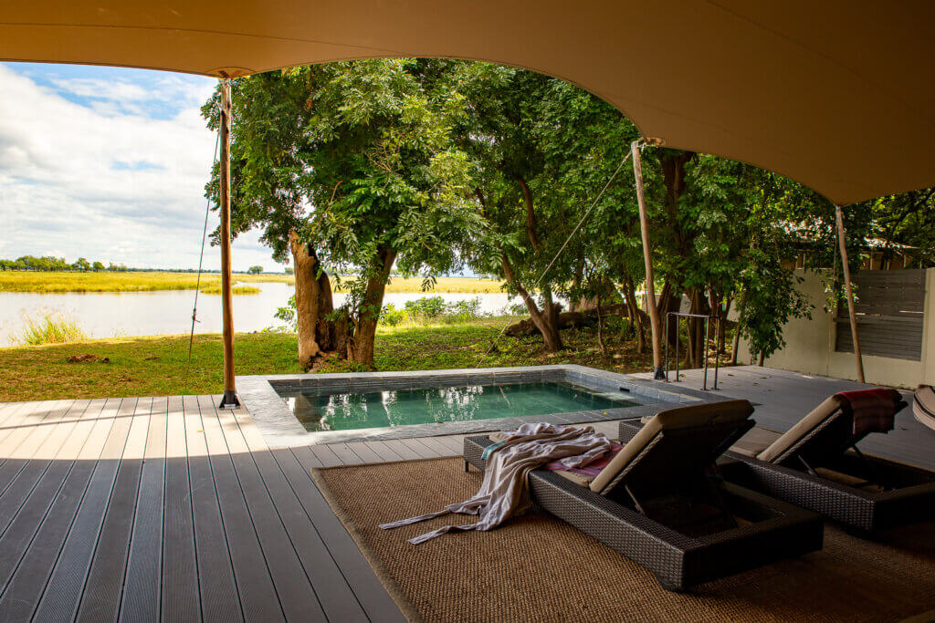 Luxury tented suite interior at Sausage Tree Camp, Lower Zambezi